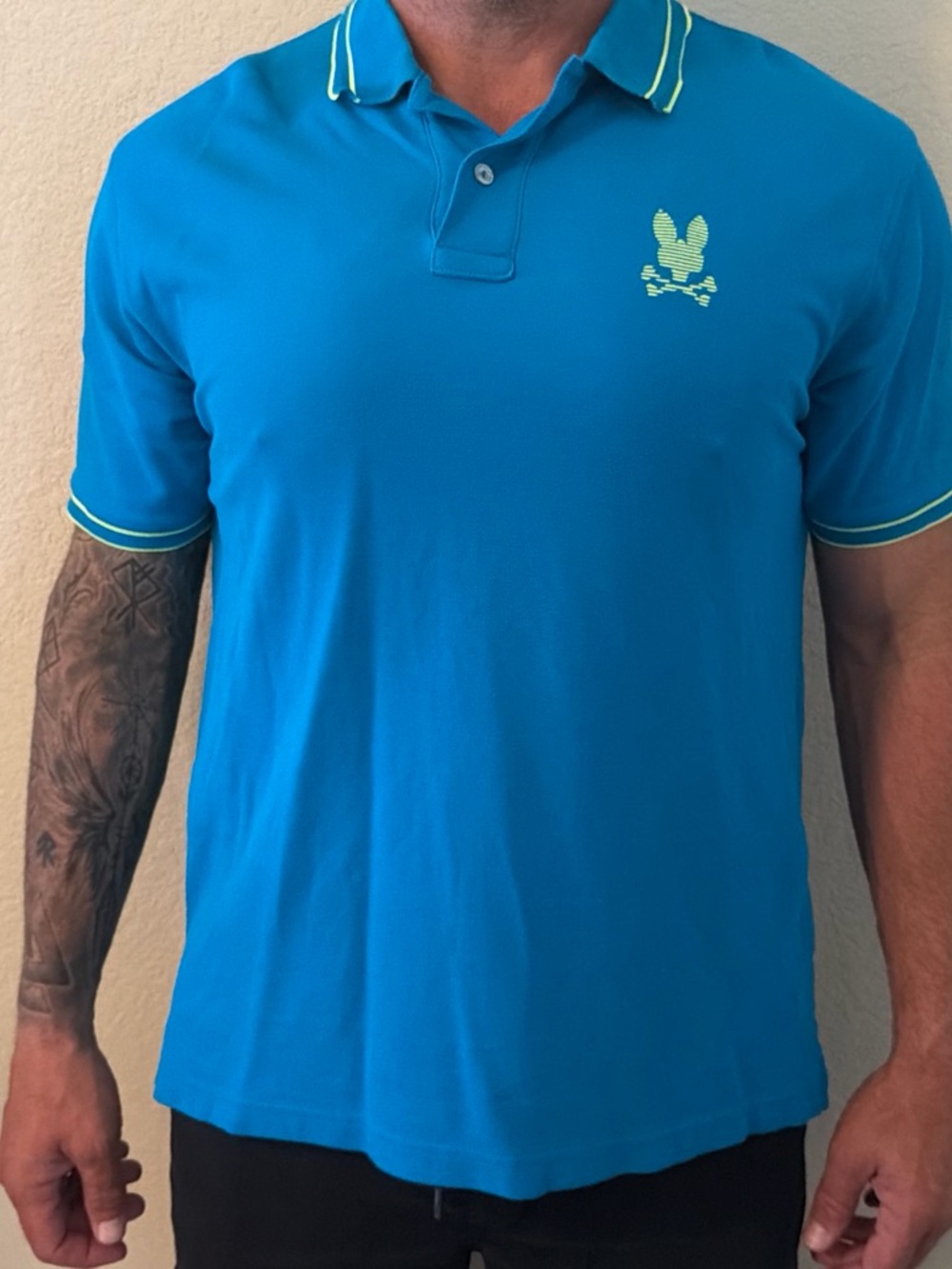Psycho Bunny Teal Polo with Neon Lime Trim